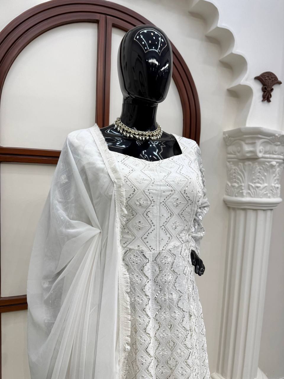 Designer Faux Georgette Gown Set with Pant & Dupatta