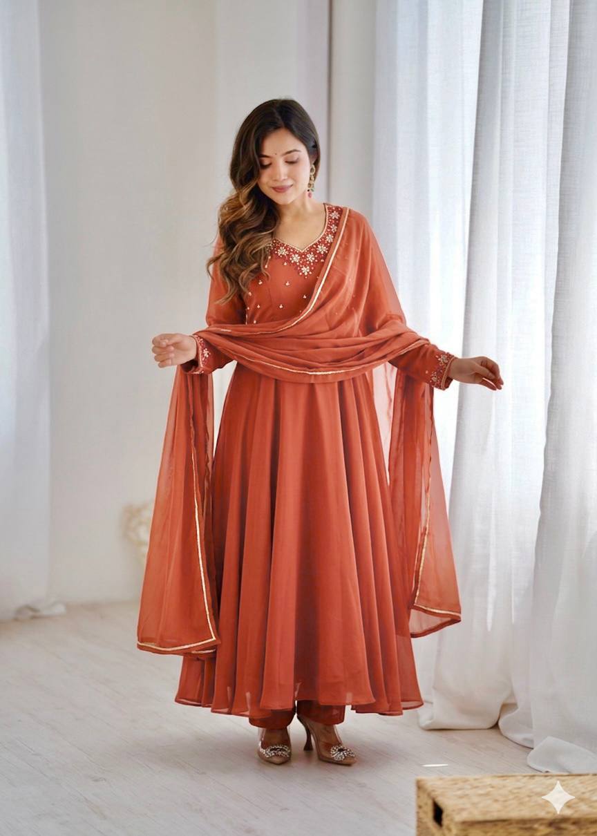 Designer Fox Georgette Handwork Gown Set with Pant & Dupatta