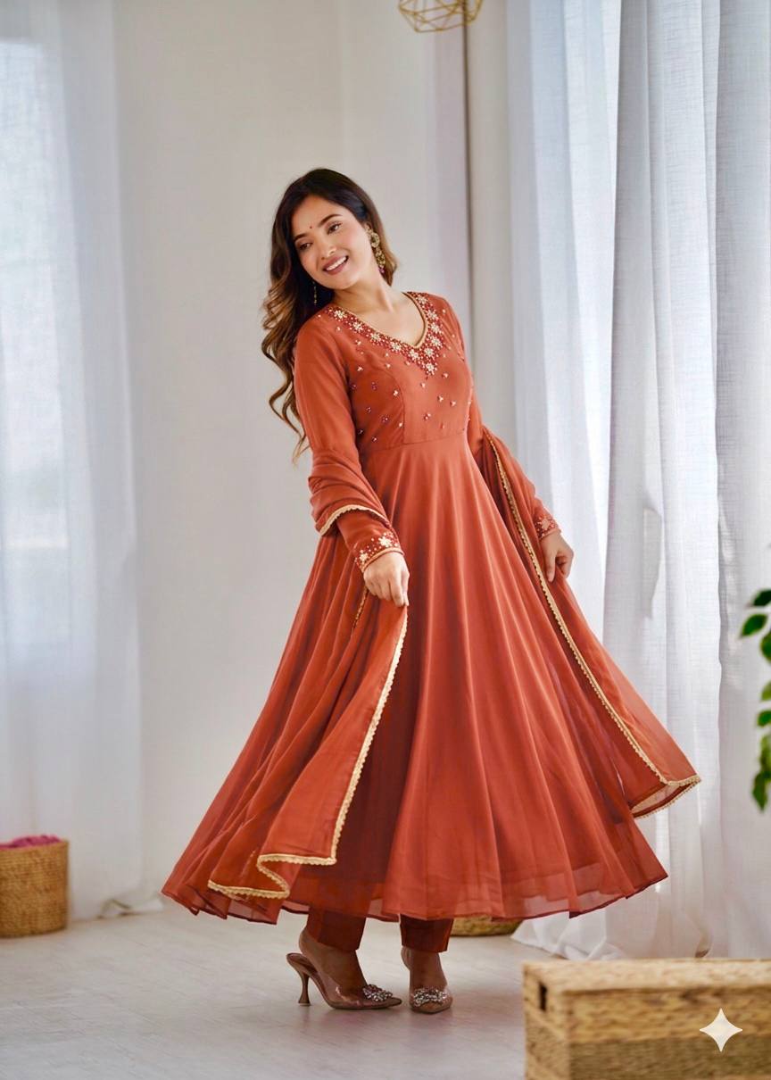 Designer Fox Georgette Handwork Gown Set with Pant & Dupatta