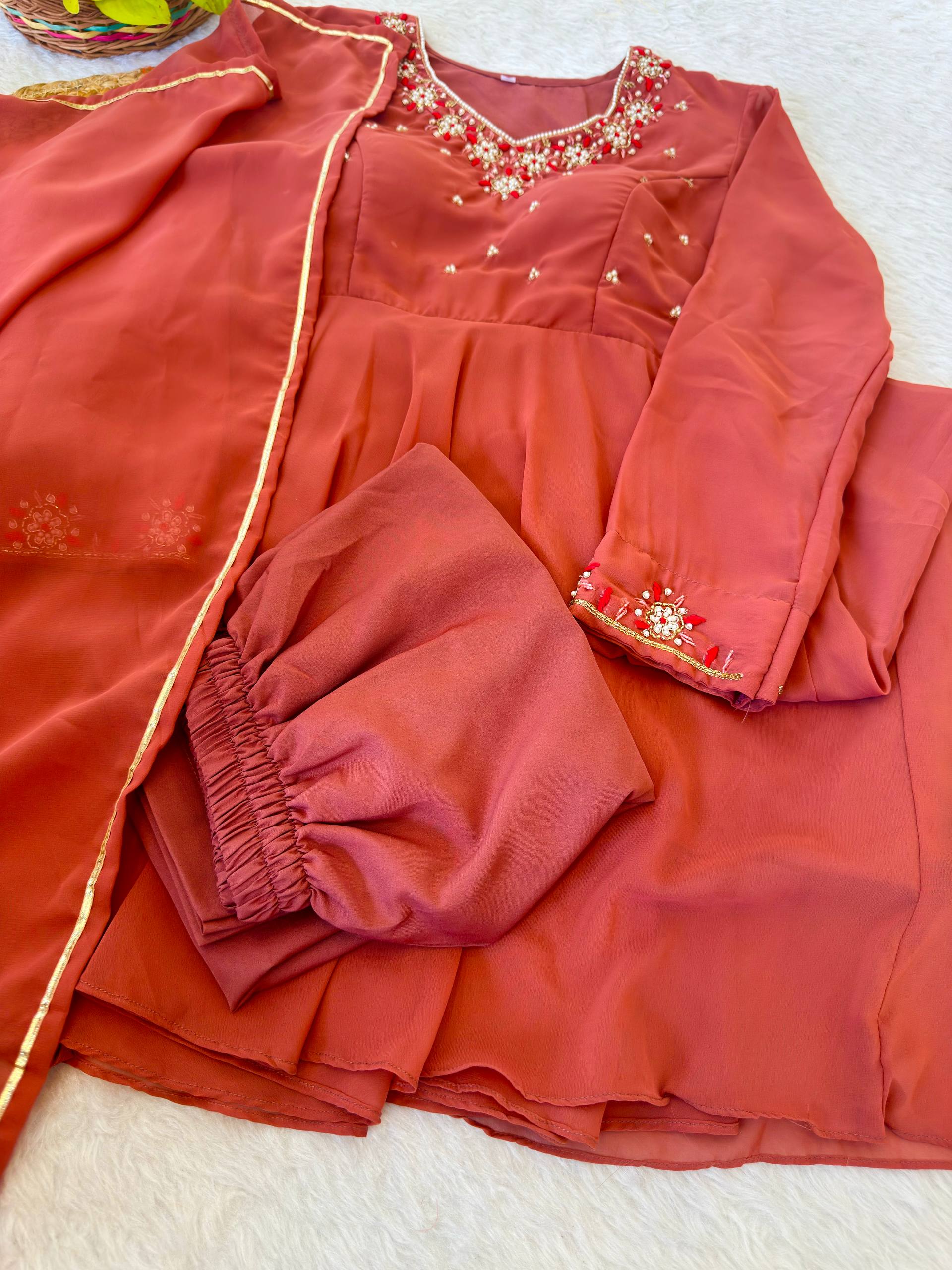 Designer Fox Georgette Handwork Gown Set with Pant & Dupatta