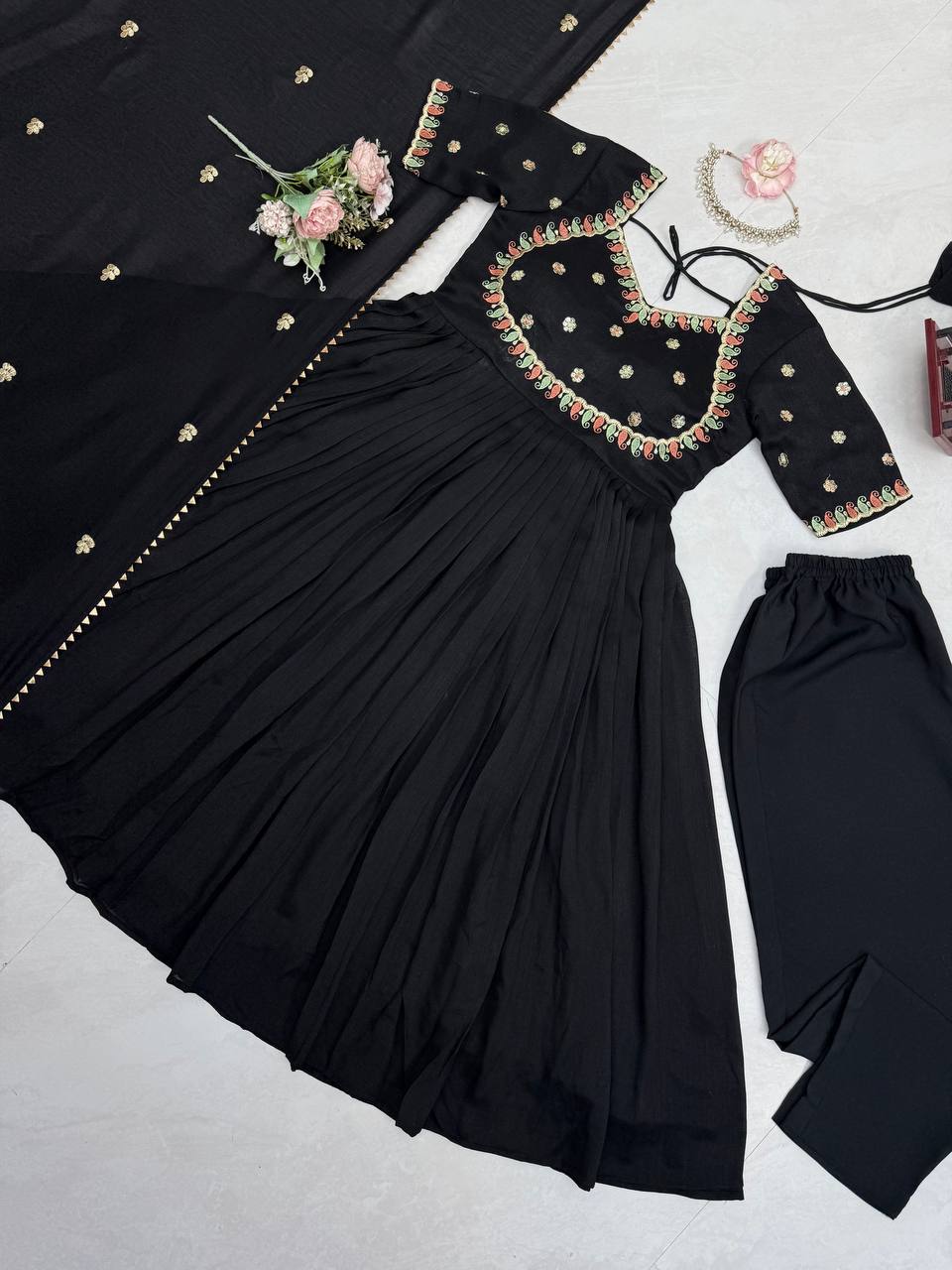 Black Blossom Anarkali Set