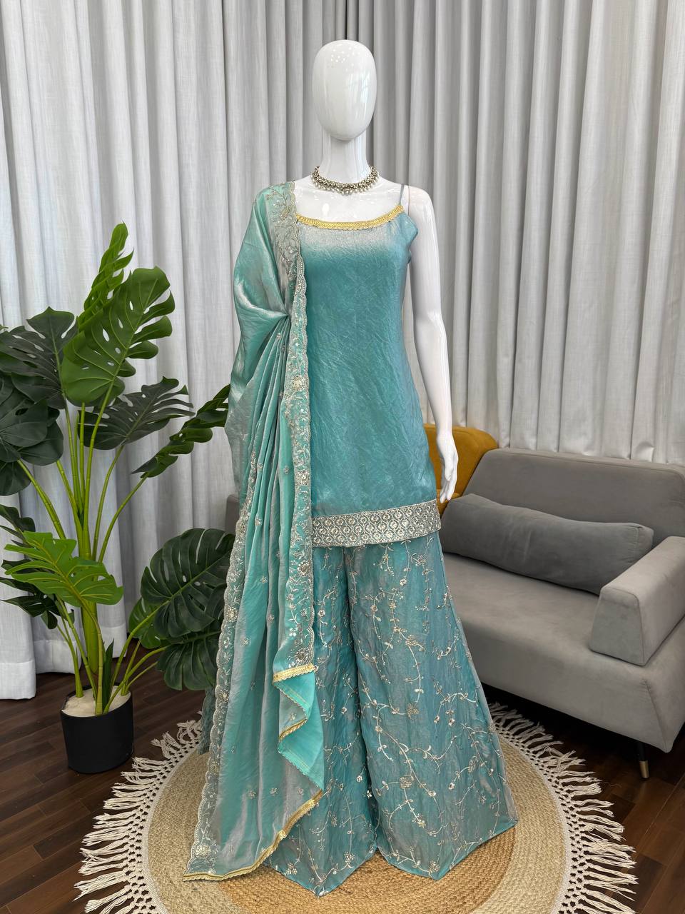 Designer Fendy Silk Kurta Plazo Set with Embroidered Dupatta