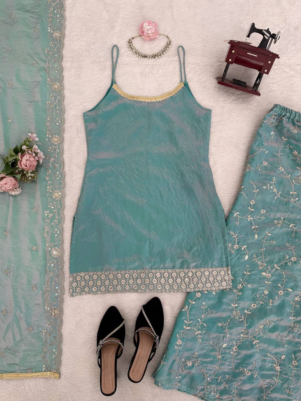 Designer Fendy Silk Kurta Plazo Set with Embroidered Dupatta