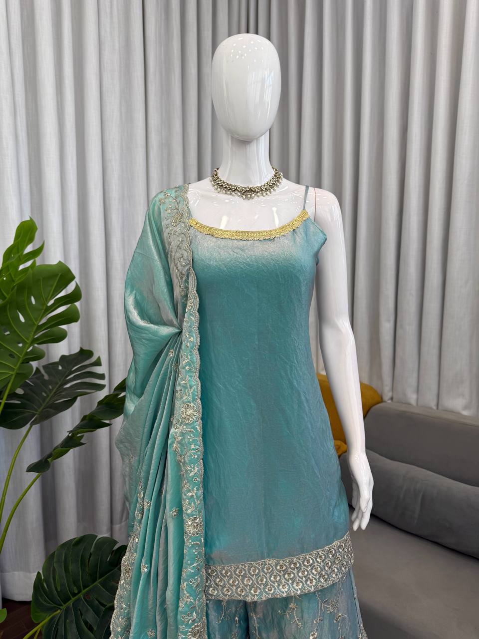 Designer Fendy Silk Kurta Plazo Set with Embroidered Dupatta