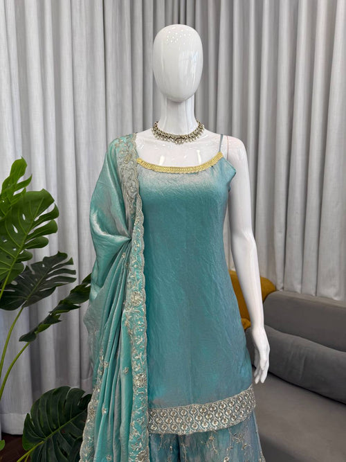 Designer Fendy Silk Kurta Plazo Set with Embroidered Dupatta