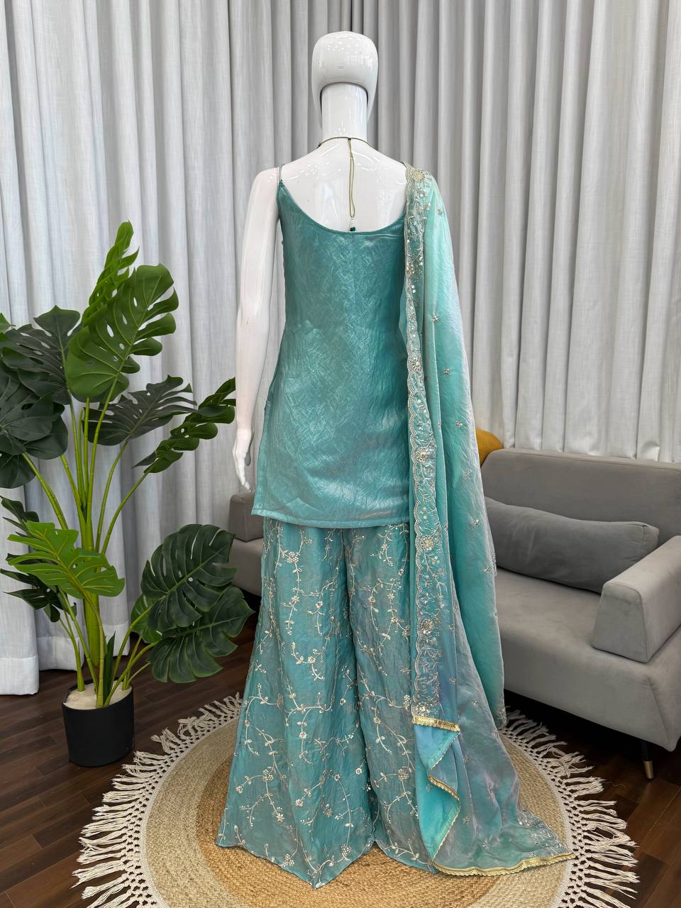 Designer Fendy Silk Kurta Plazo Set with Embroidered Dupatta