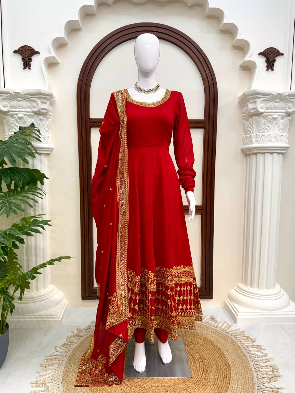 Women's Vichitra Silk Gown Set with Pant & Dupatta