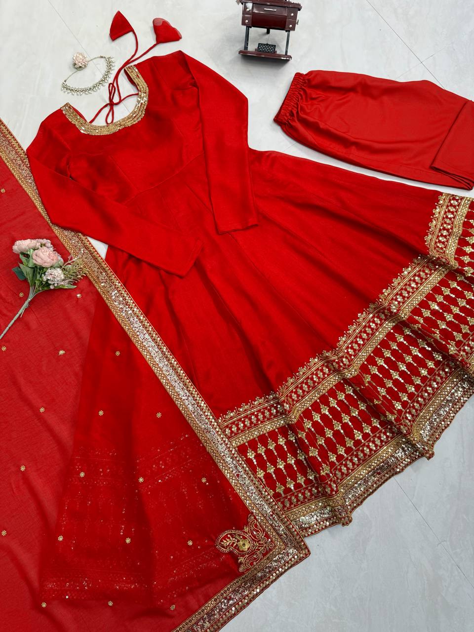 Women's Vichitra Silk Gown Set with Pant & Dupatta
