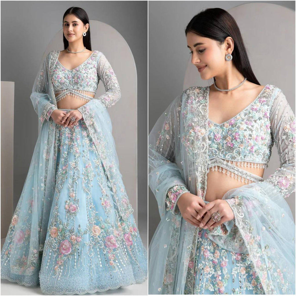 Premium Sky Blue Floral Embroidered Lehenga Set