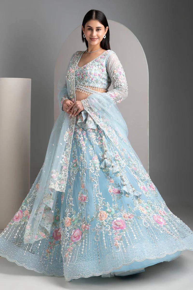 Premium Sky Blue Floral Embroidered Lehenga Set