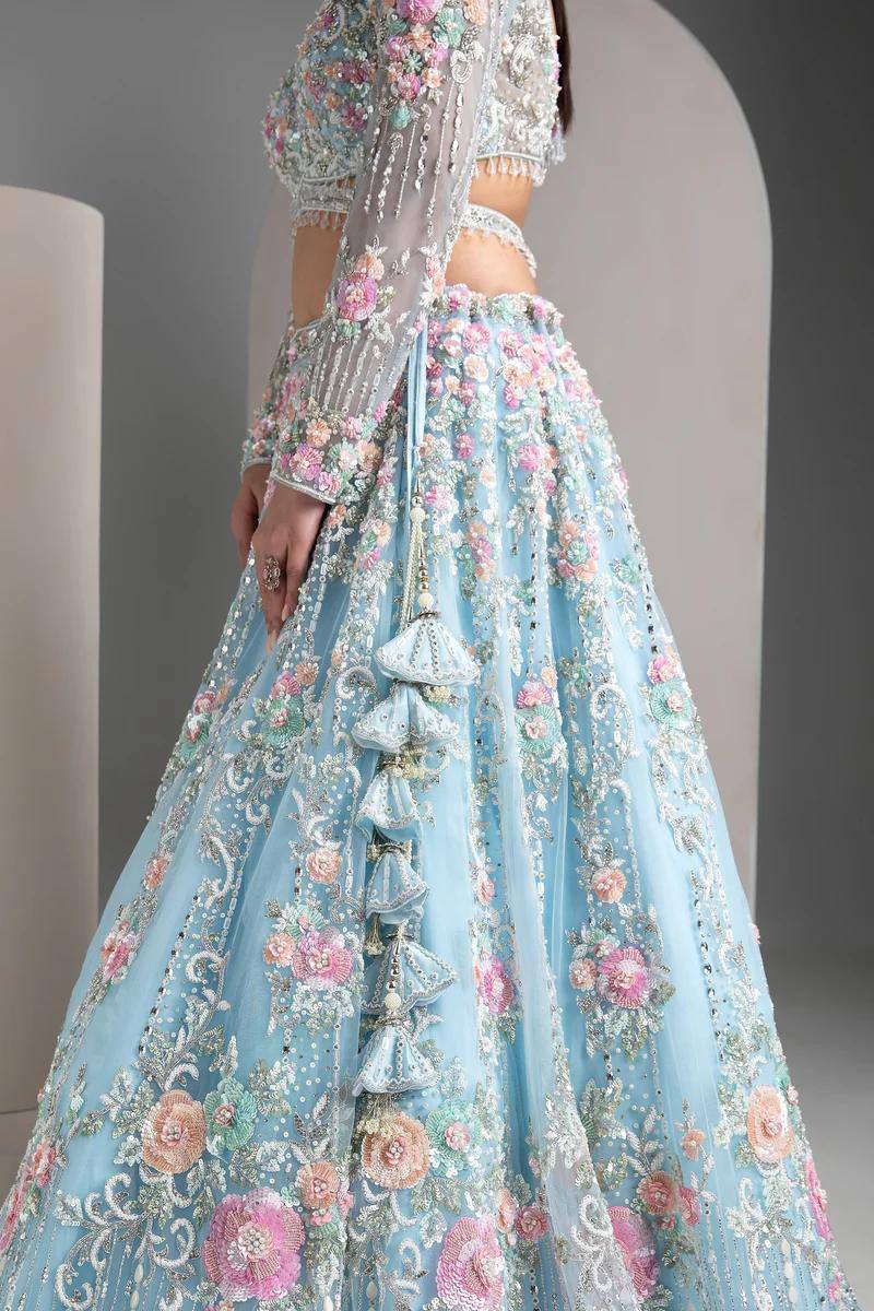 Premium Sky Blue Floral Embroidered Lehenga Set