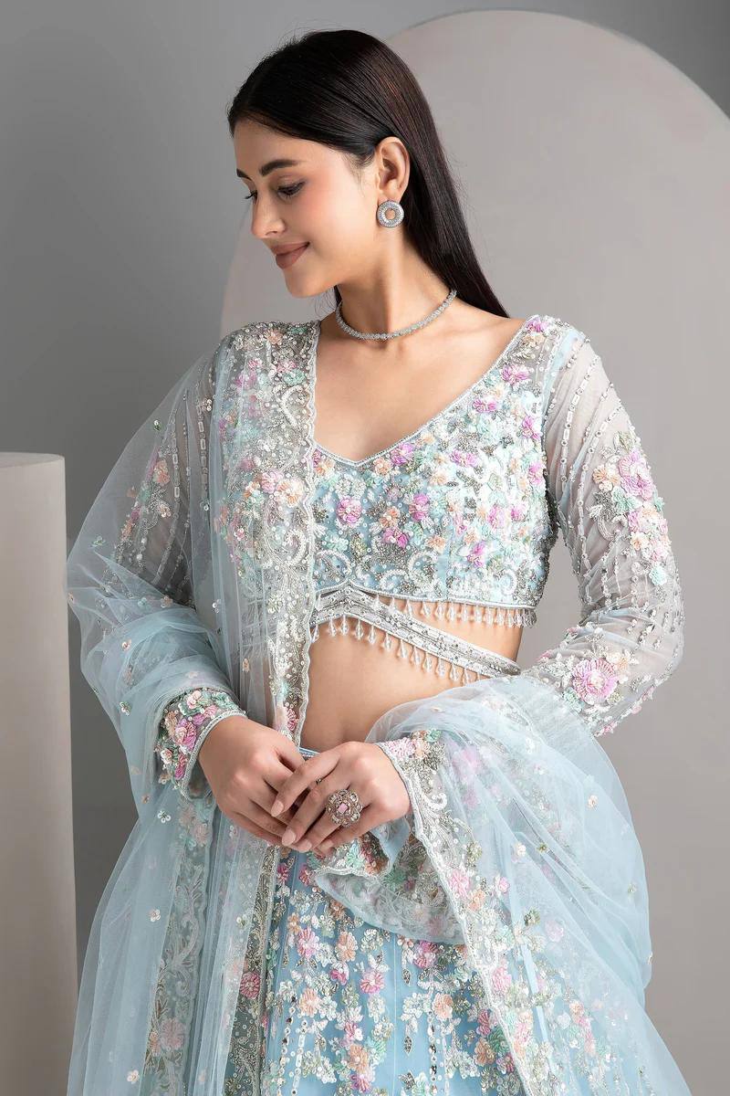 Premium Sky Blue Floral Embroidered Lehenga Set