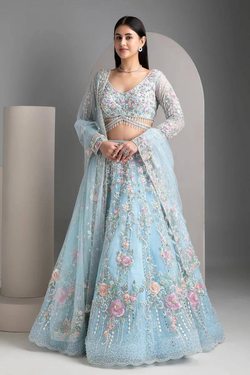 Premium Sky Blue Floral Embroidered Lehenga Set