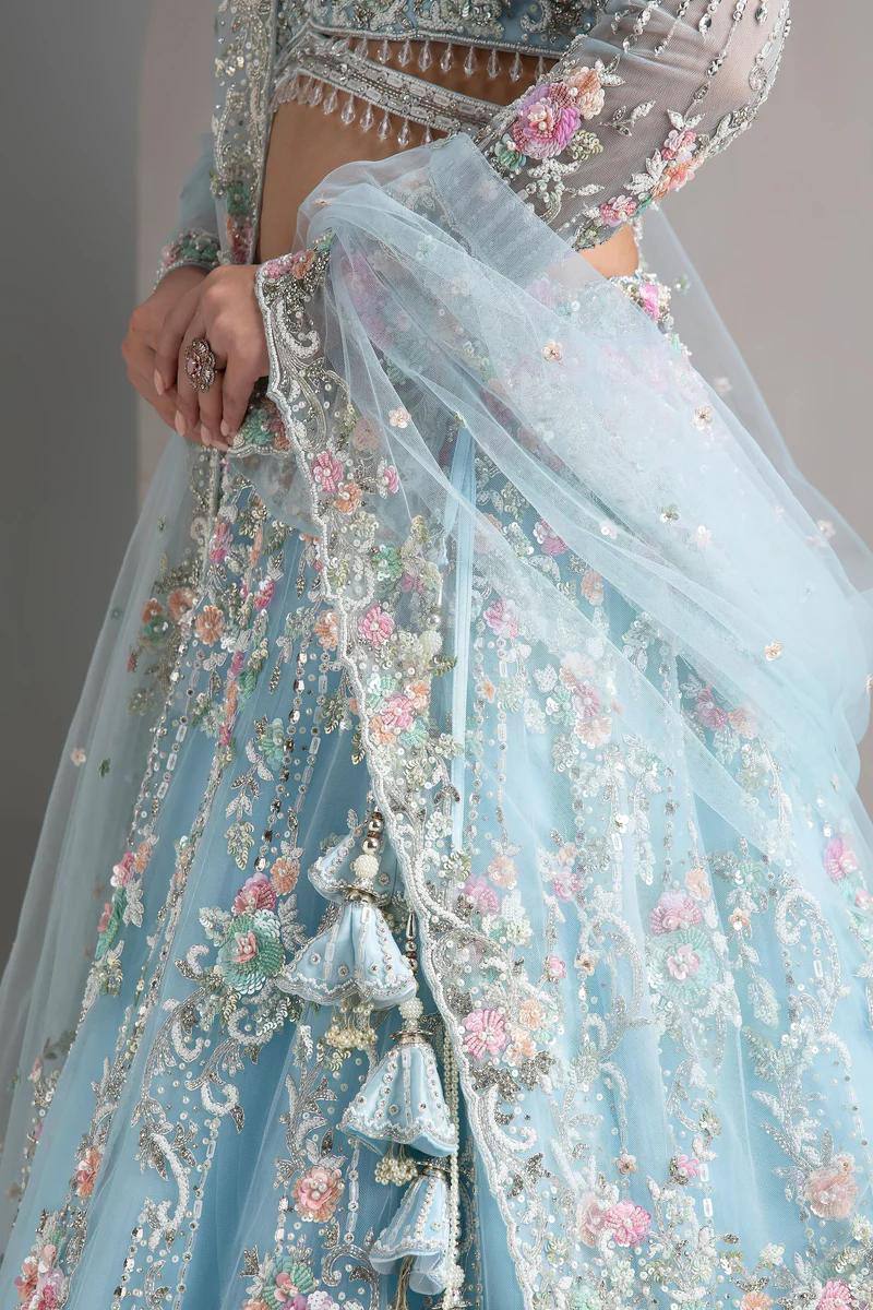 Premium Sky Blue Floral Embroidered Lehenga Set