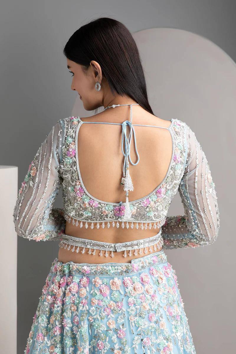 Premium Sky Blue Floral Embroidered Lehenga Set