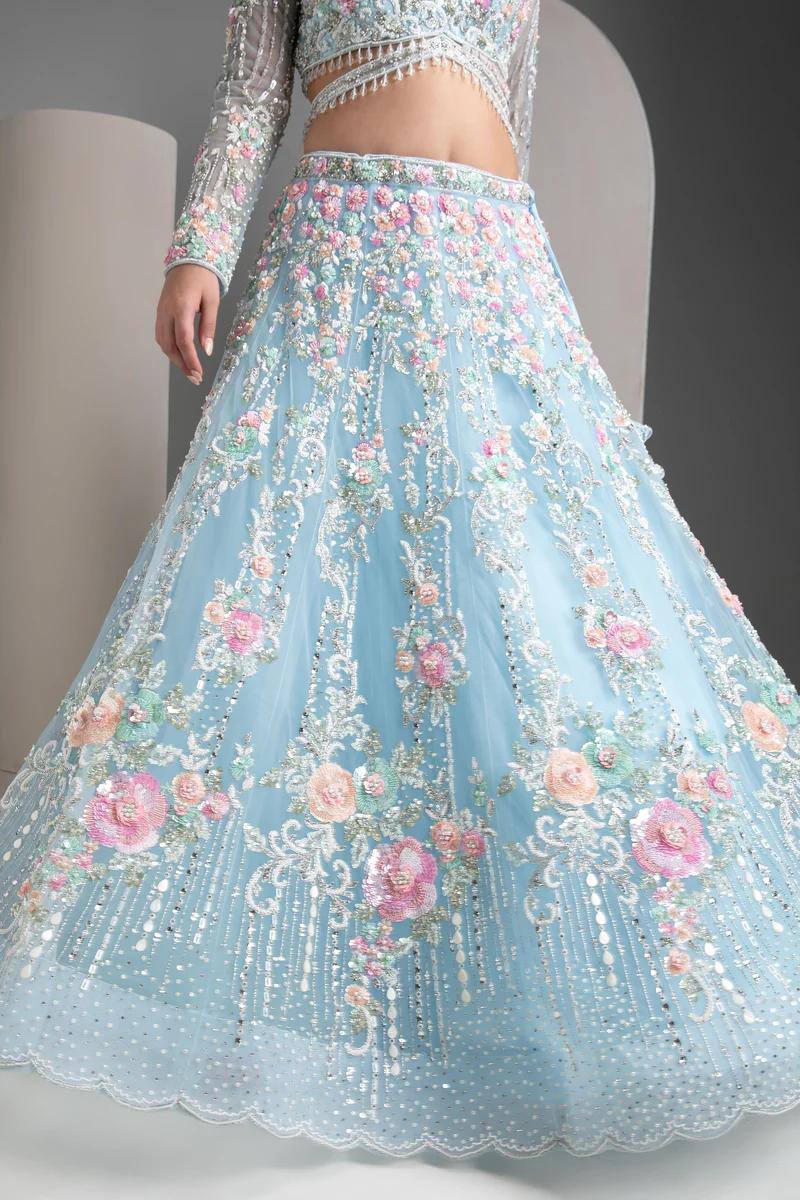 Premium Sky Blue Floral Embroidered Lehenga Set