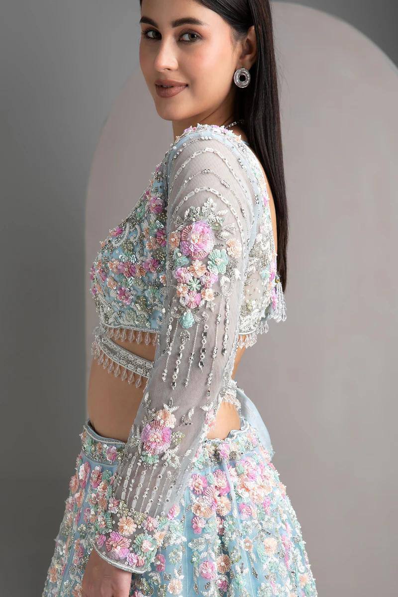 Premium Sky Blue Floral Embroidered Lehenga Set