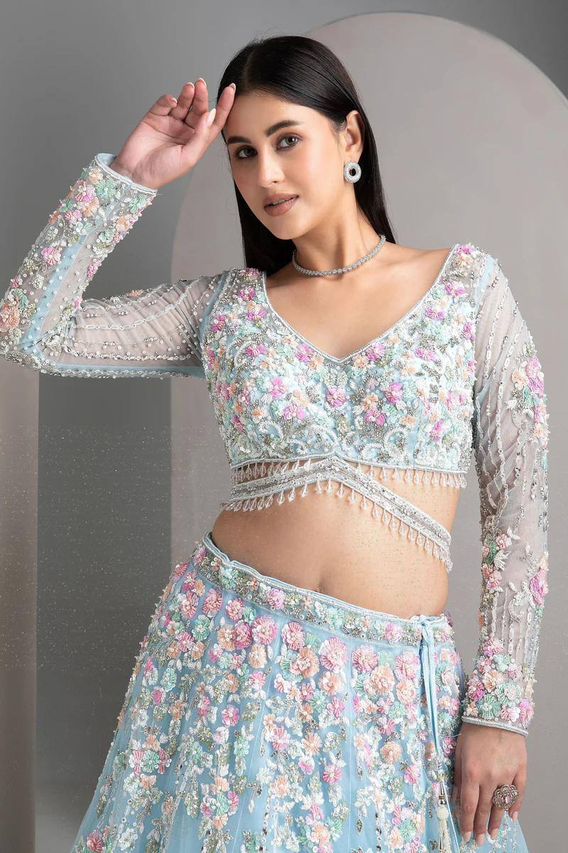 Premium Sky Blue Floral Embroidered Lehenga Set
