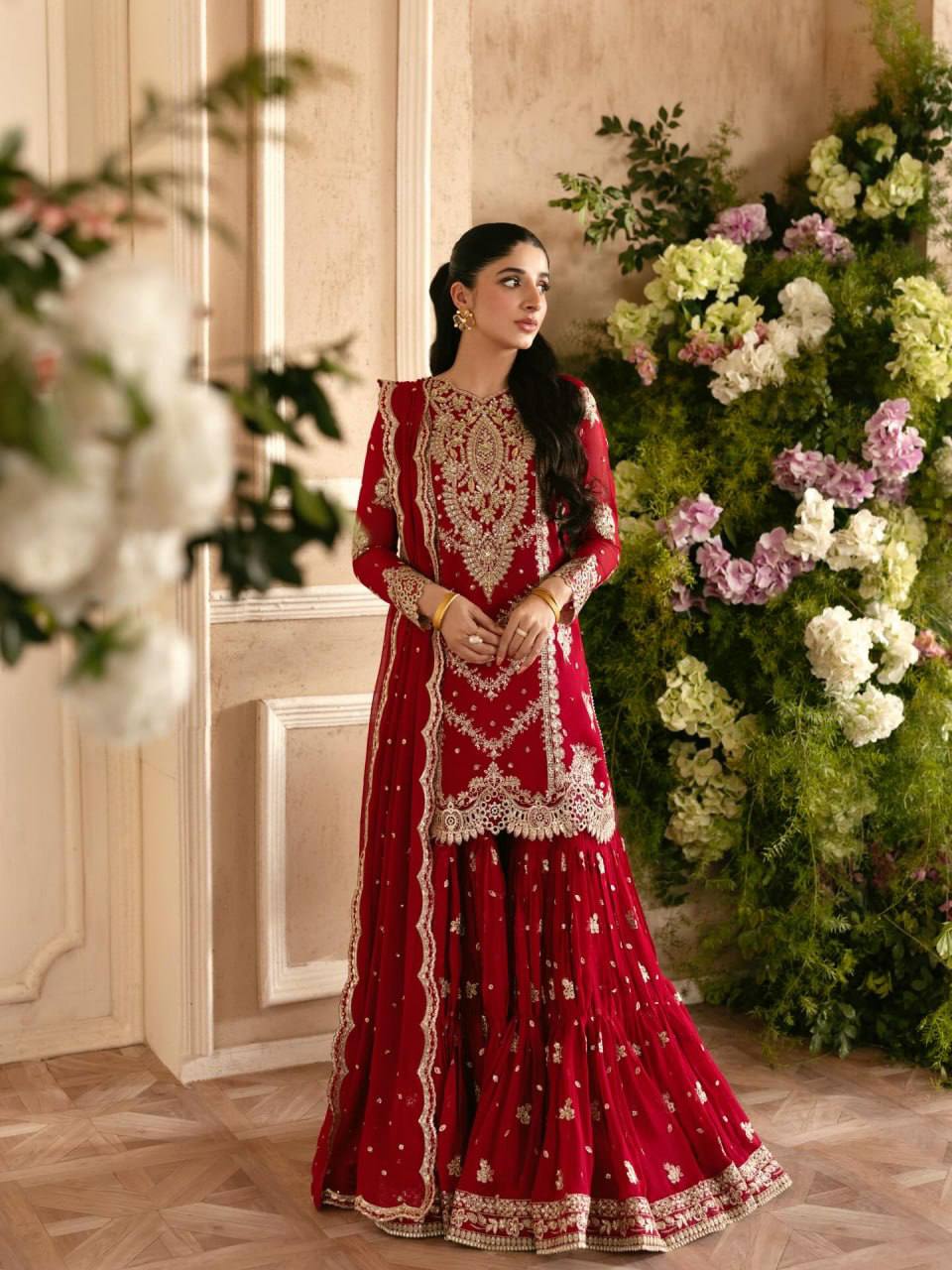 Imperial Red Embroidered Sharara