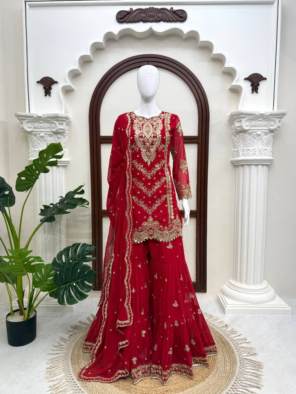 Imperial Red Embroidered Sharara