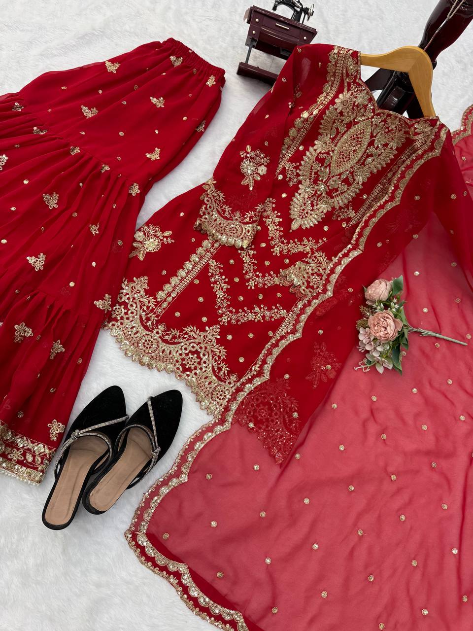 Imperial Red Embroidered Sharara