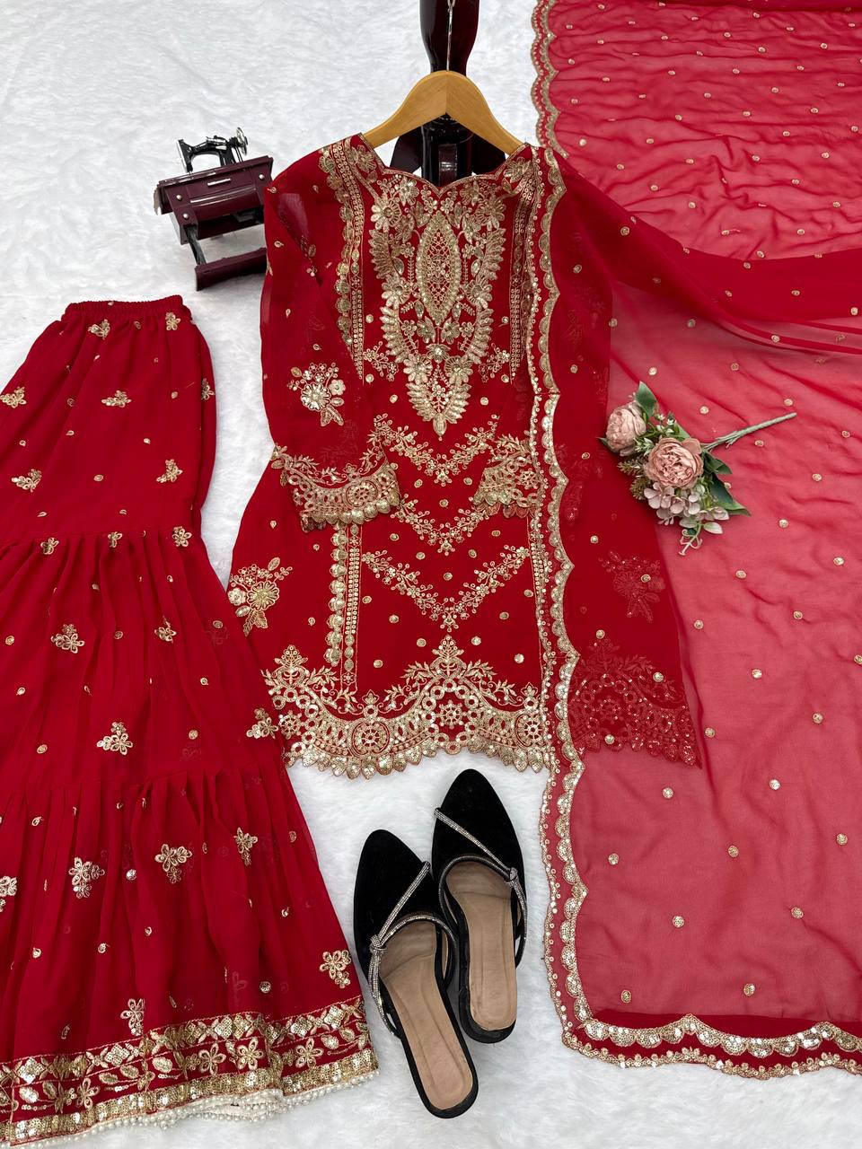 Imperial Red Embroidered Sharara