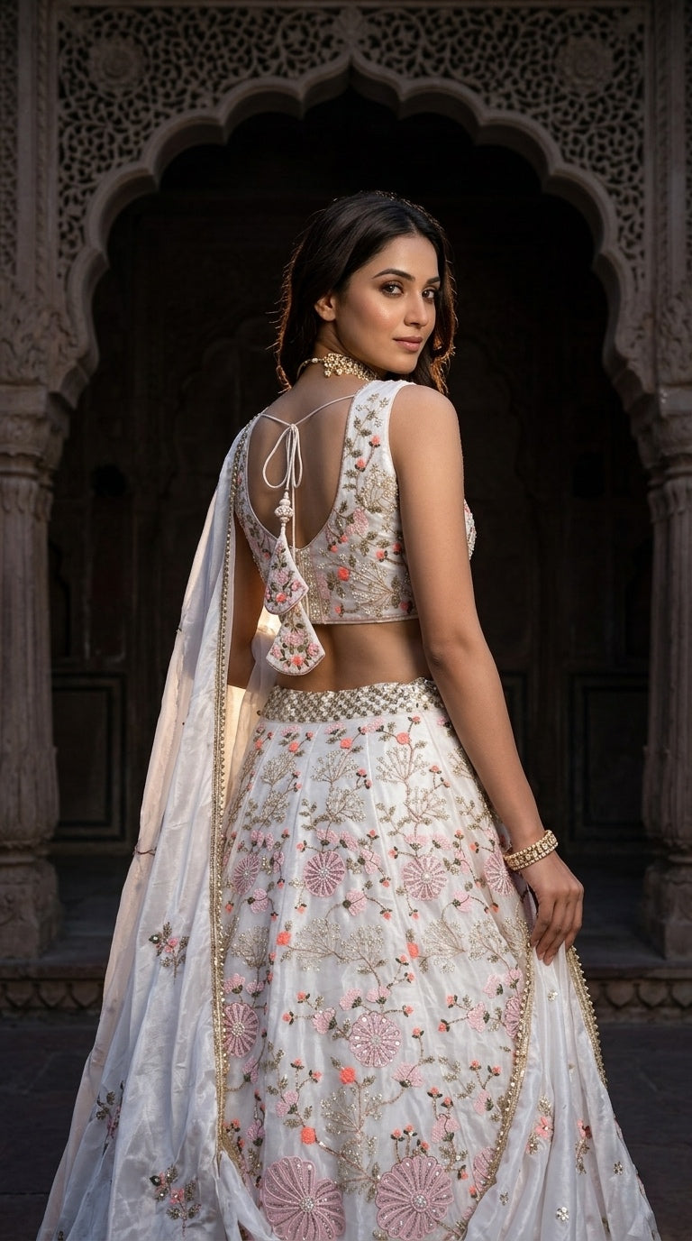 Premium Pearl Embroidered Tabby Silk Lehenga Choli Set with Dupatta