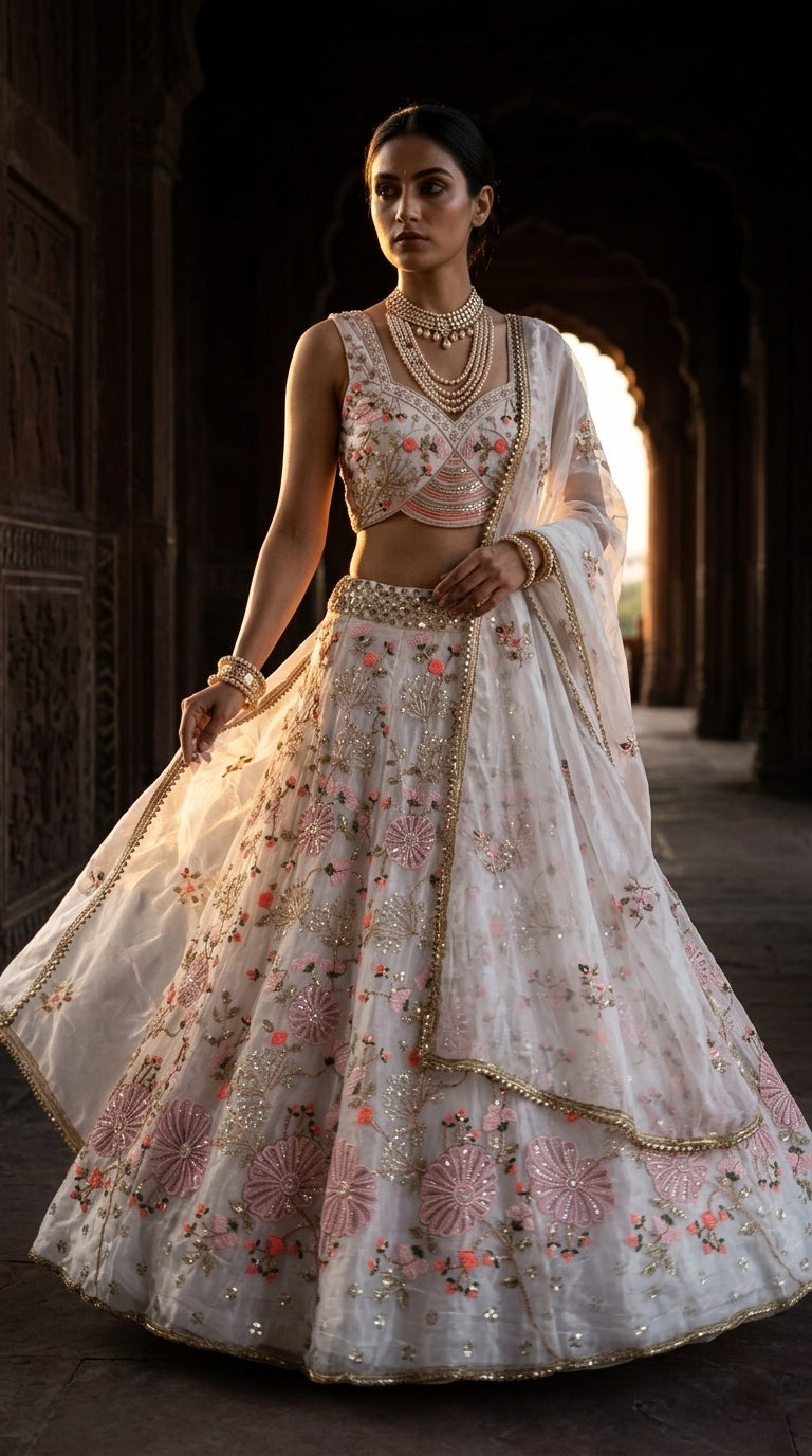 Premium Pearl Embroidered Tabby Silk Lehenga Choli Set with Dupatta