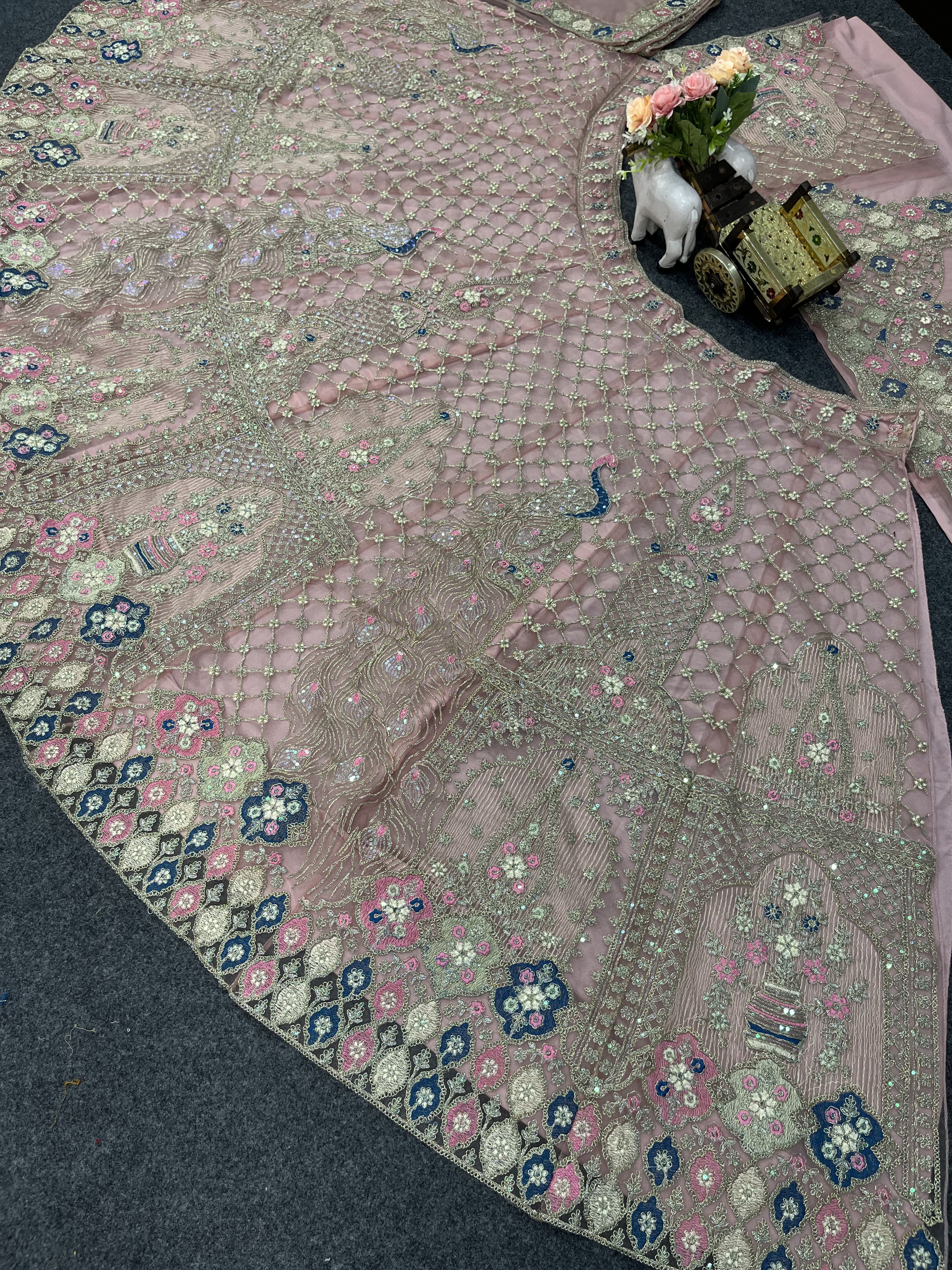 Premium Ivory Embroidered Lehenga with Peacock & Floral Work