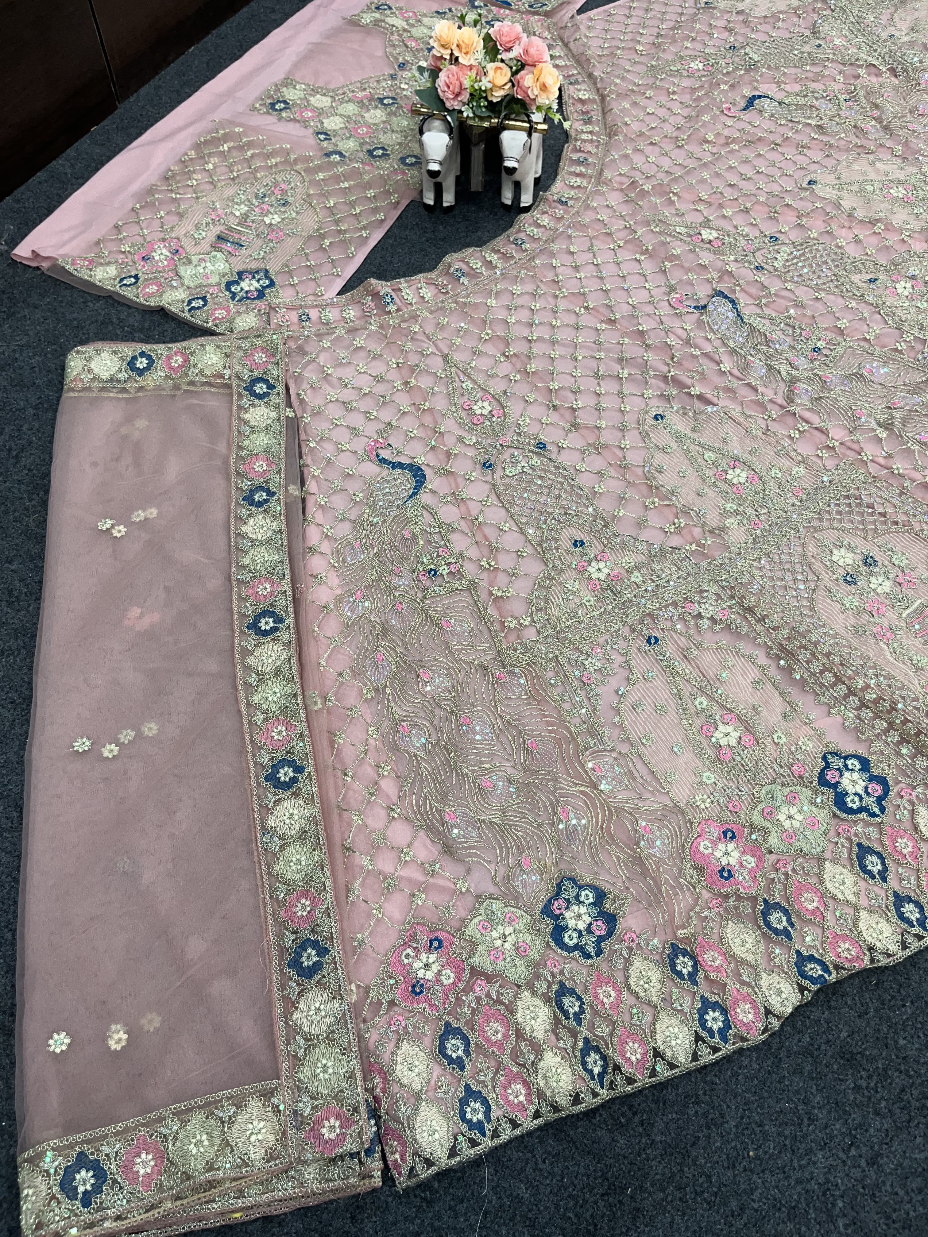 Premium Ivory Embroidered Lehenga with Peacock & Floral Work