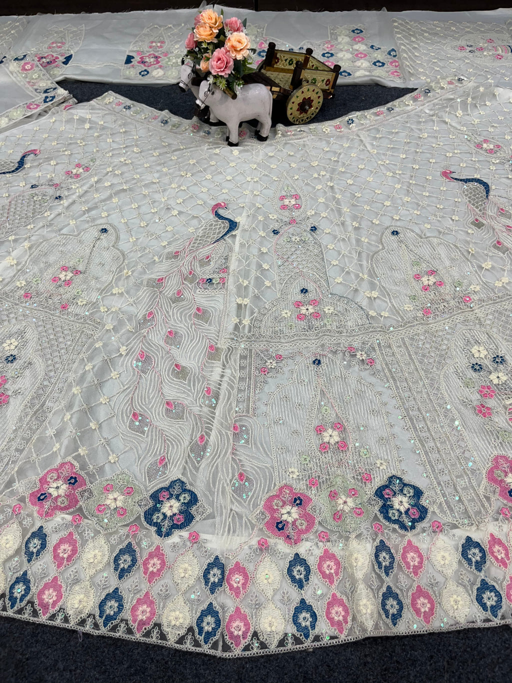 Premium Ivory Embroidered Lehenga with Peacock & Floral Work