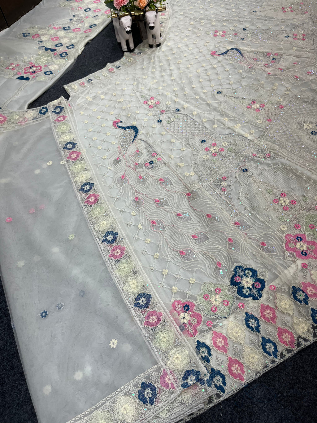 Premium Ivory Embroidered Lehenga with Peacock & Floral Work