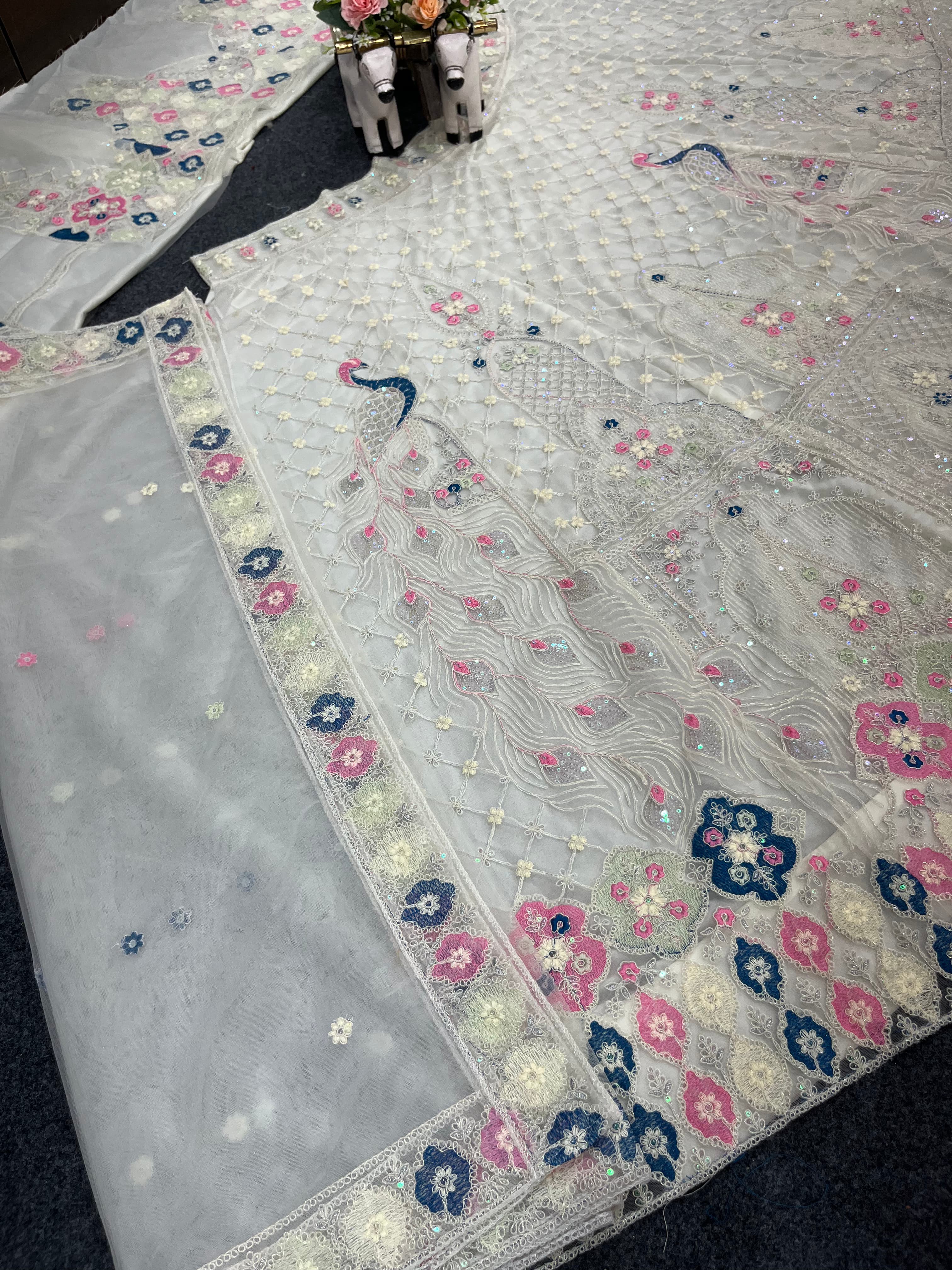 Premium Ivory Embroidered Lehenga with Peacock & Floral Work