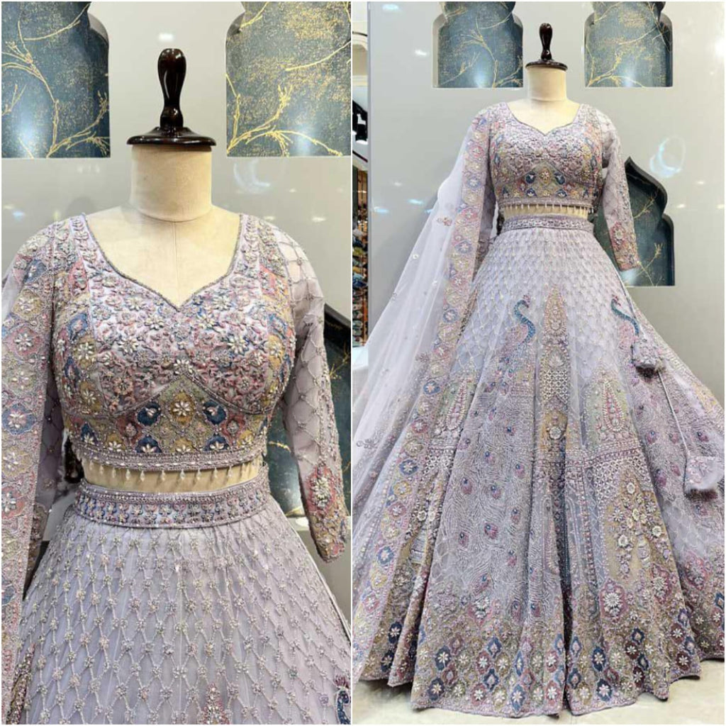 Premium Ivory Embroidered Lehenga with Peacock & Floral Work