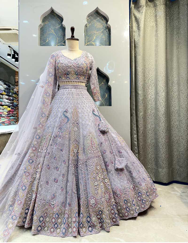 Premium Ivory Embroidered Lehenga with Peacock & Floral Work