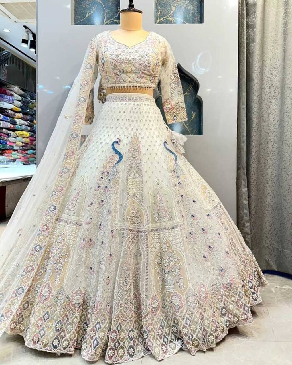 Premium Ivory Embroidered Lehenga with Peacock & Floral Work