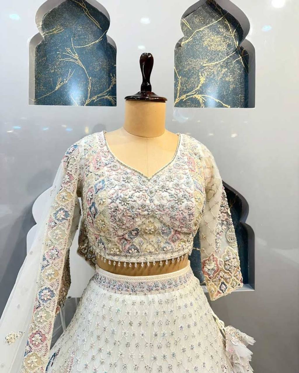 Premium Ivory Embroidered Lehenga with Peacock & Floral Work