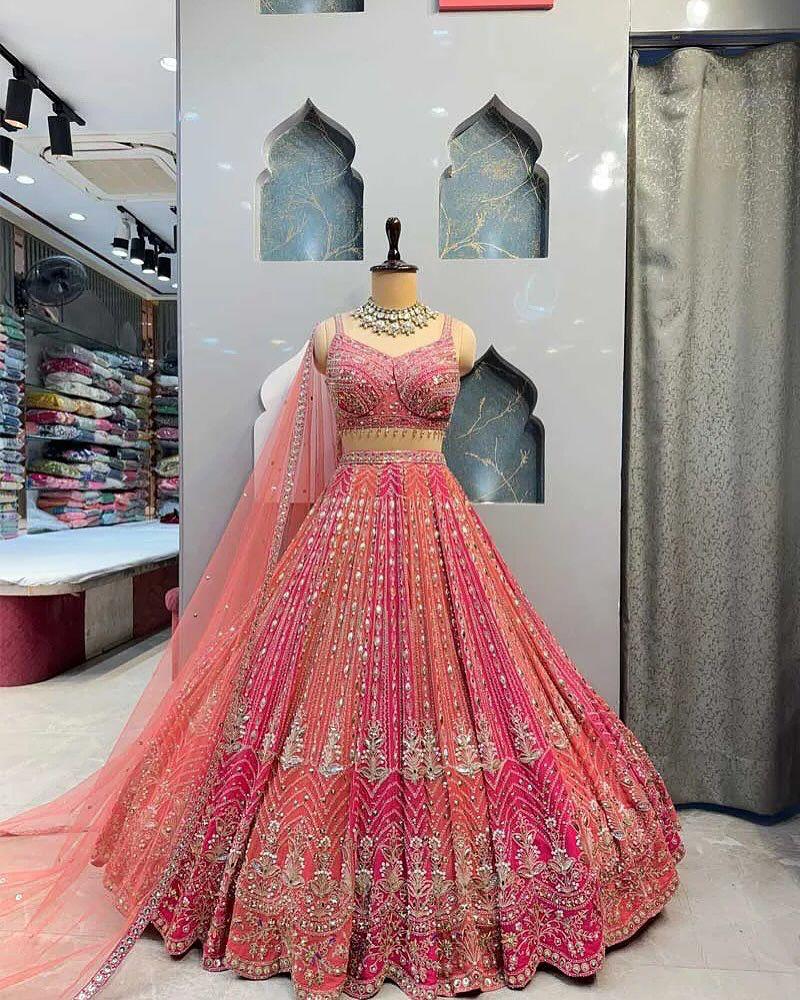 Royal Coral Bloom – Premium Embroidered Designer Lehenga Set