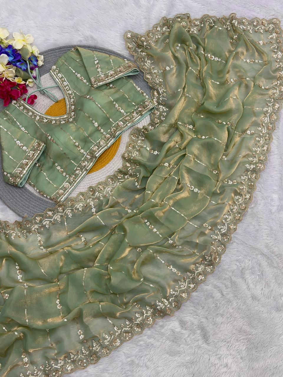 Premium Fandy Satin Silk Saree with Stitched Designer Blouse