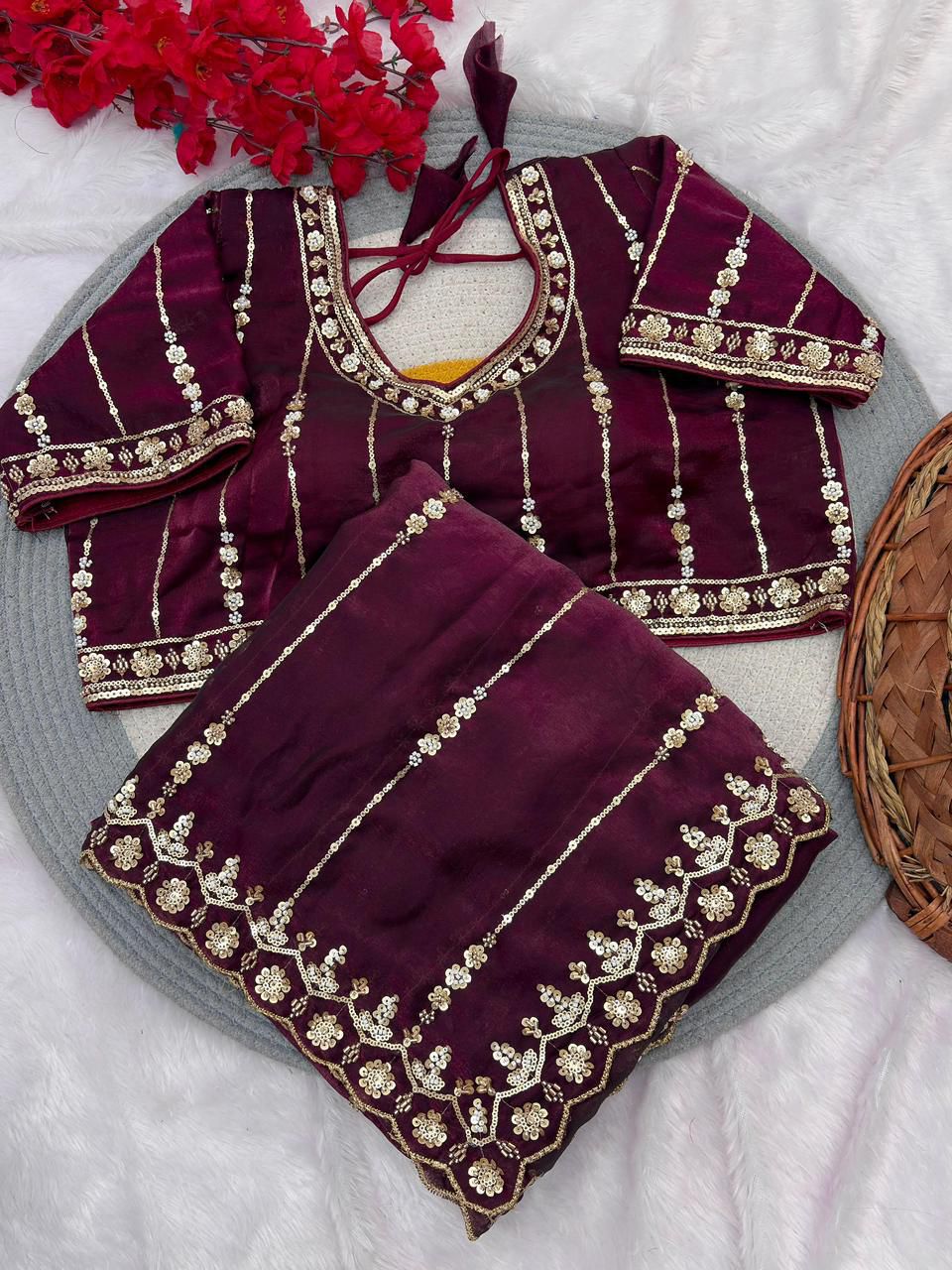 Premium Fandy Satin Silk Saree with Stitched Designer Blouse