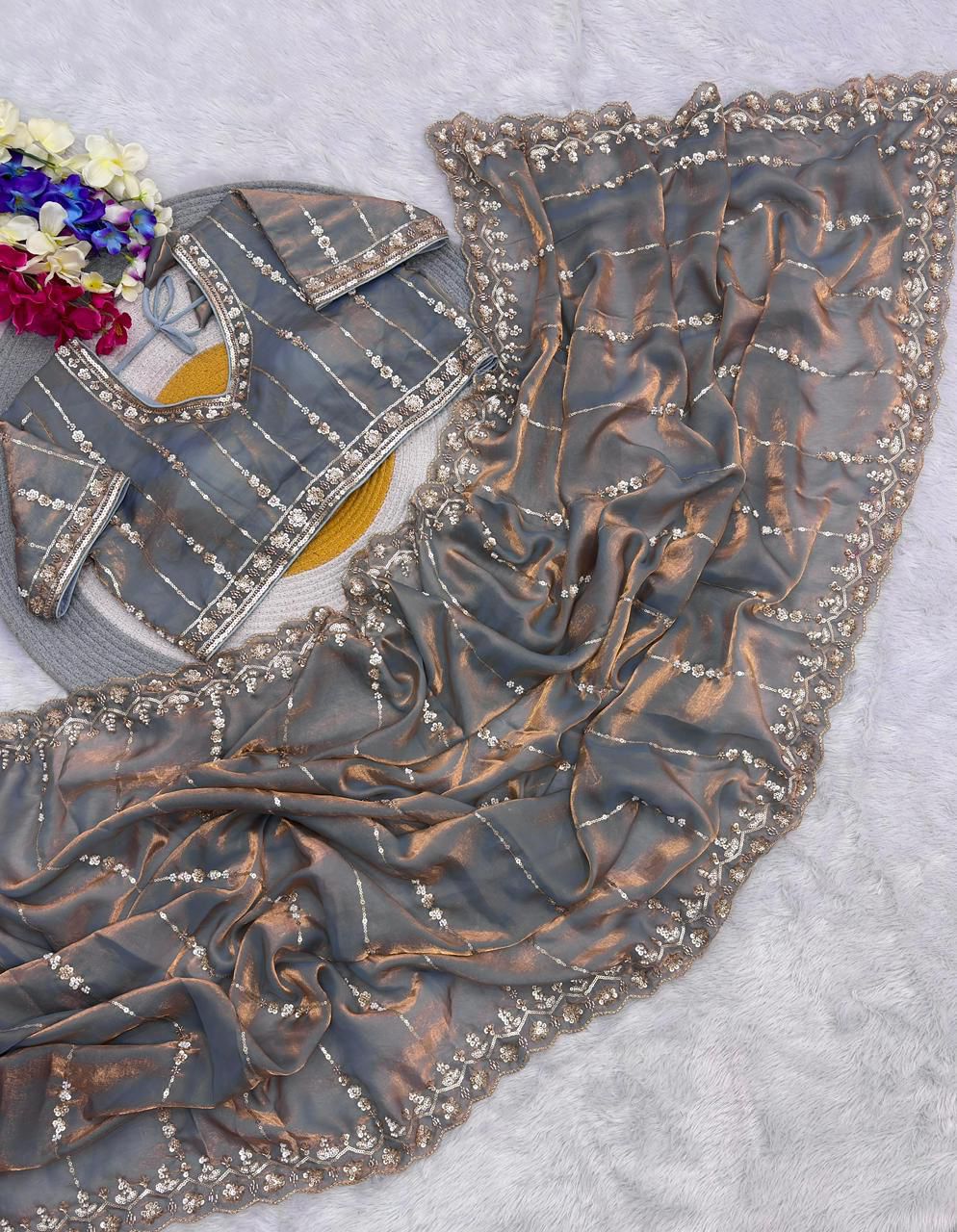 Premium Fandy Satin Silk Saree with Stitched Designer Blouse