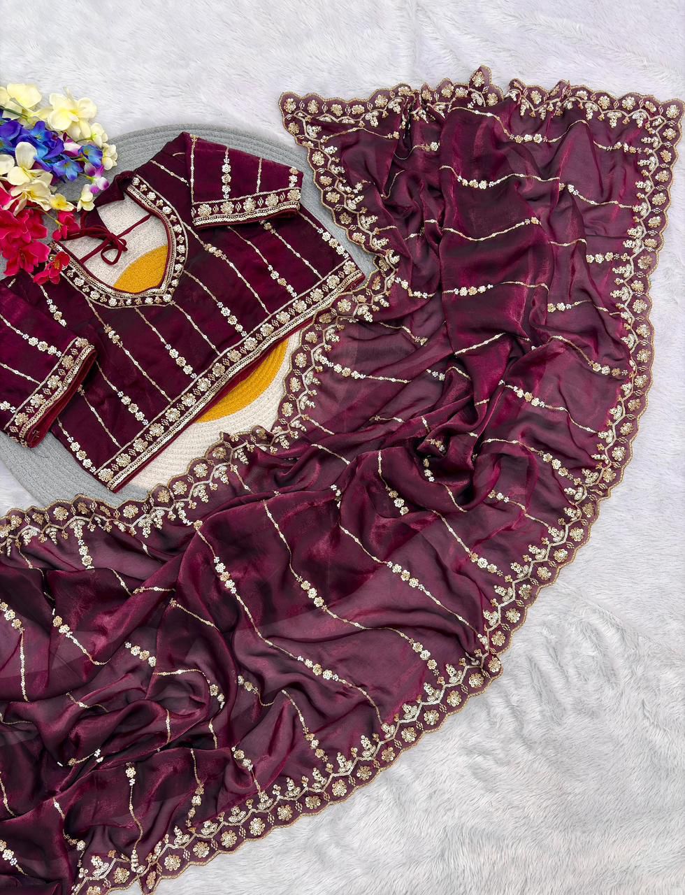 Premium Fandy Satin Silk Saree with Stitched Designer Blouse