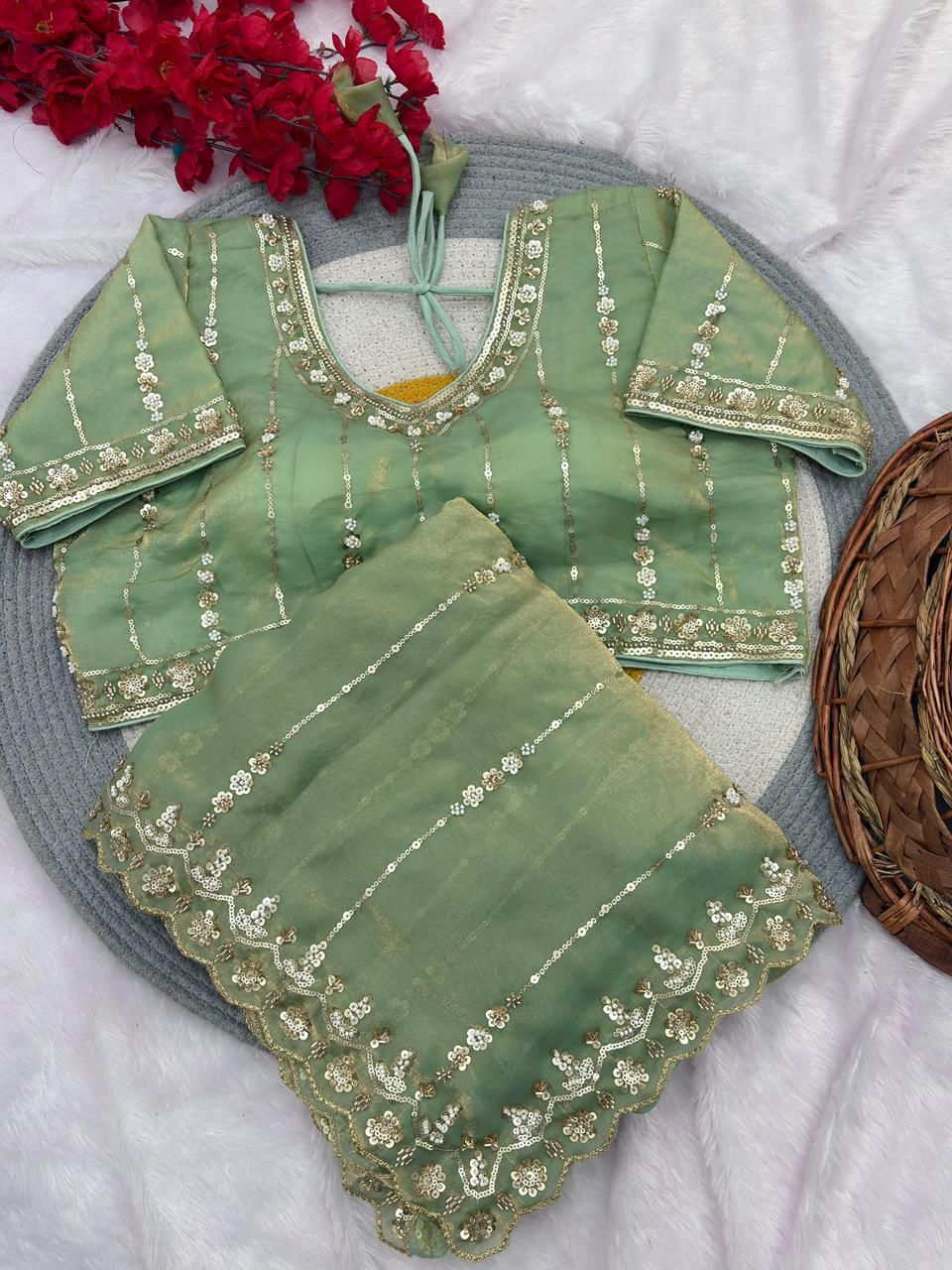 Premium Fandy Satin Silk Saree with Stitched Designer Blouse