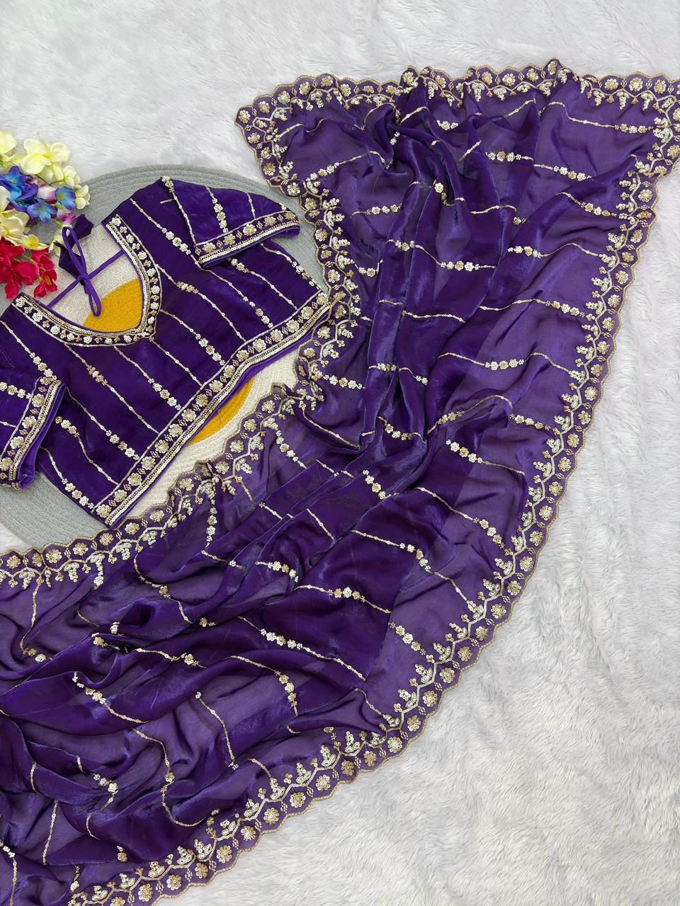 Premium Fandy Satin Silk Saree with Stitched Designer Blouse