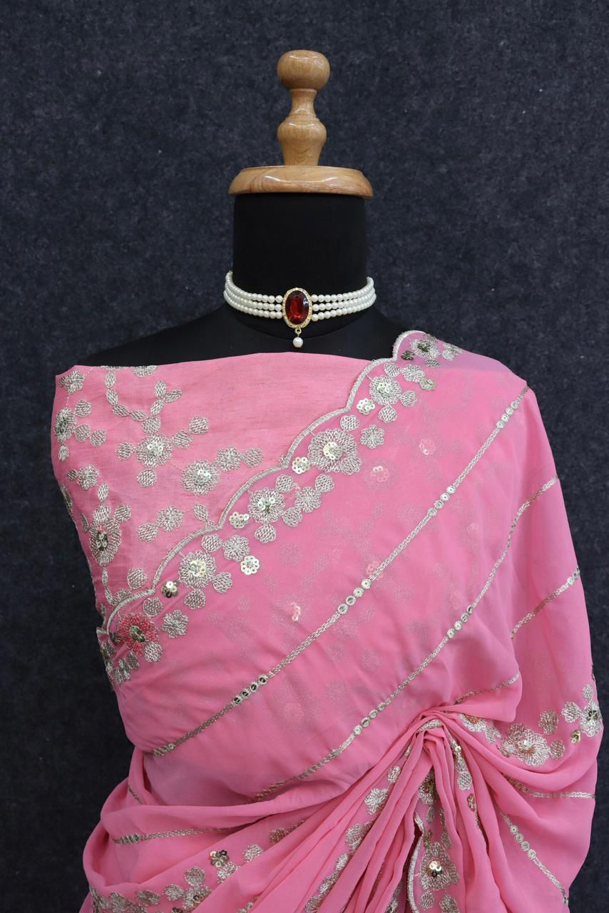 Heavy Soft Georgette Embroidered Sequins Saree with Designer Blouse