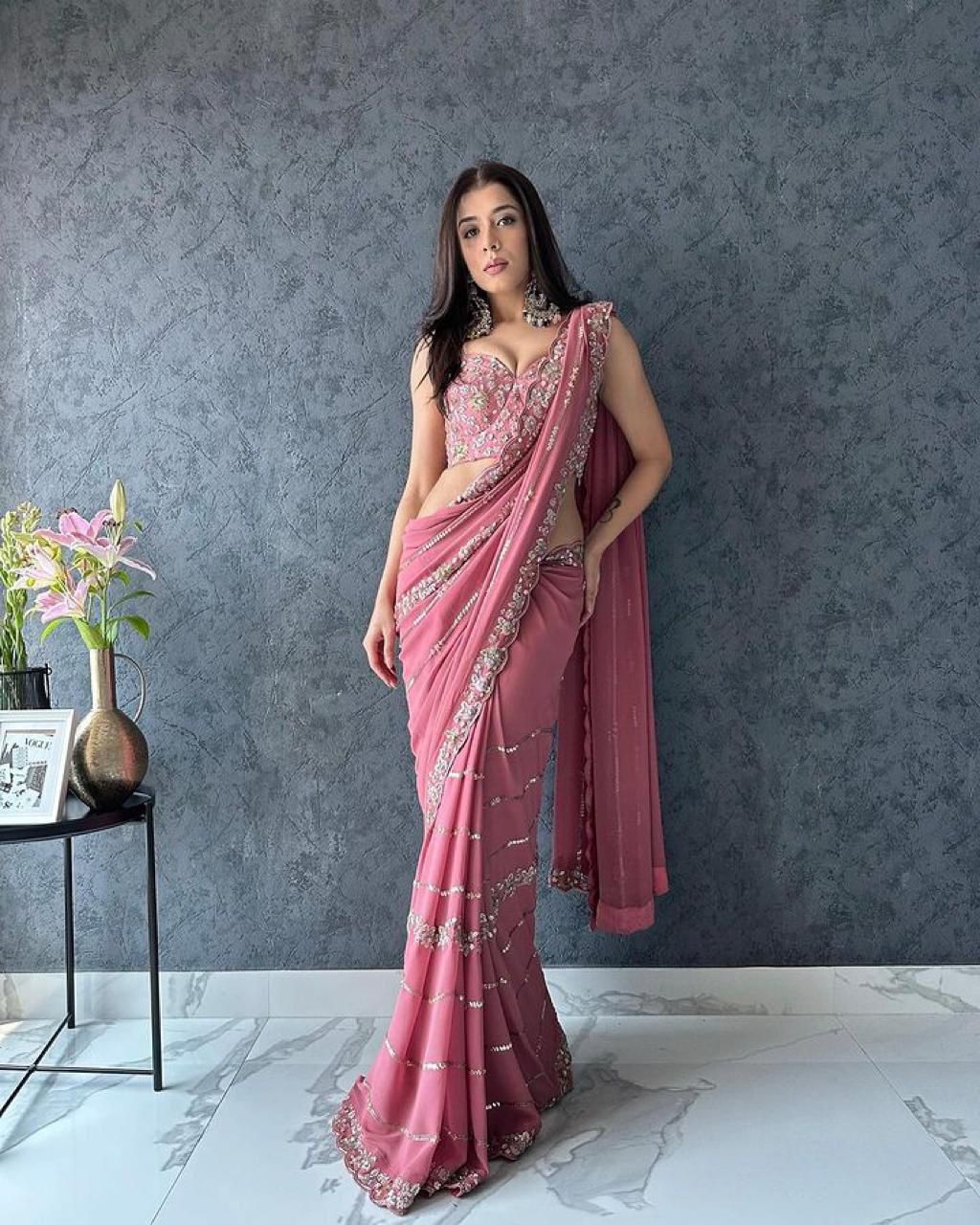Heavy Soft Georgette Embroidered Sequins Saree with Designer Blouse