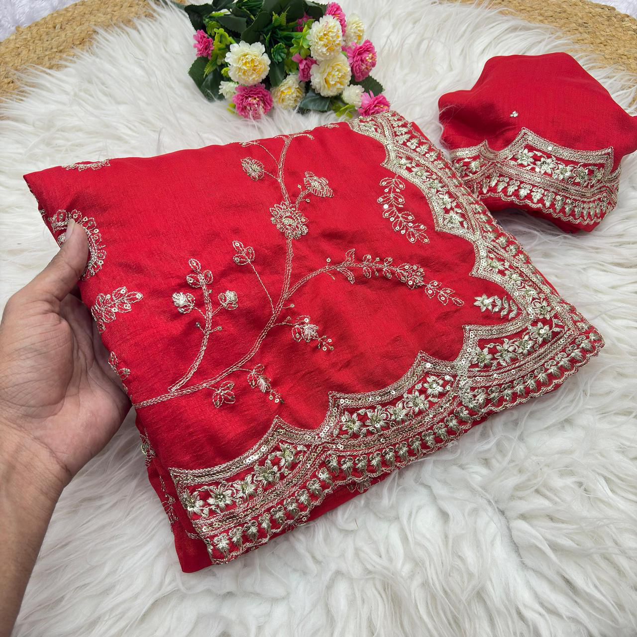 Designer Vichitra Silk Saree with Embroidered Blouse