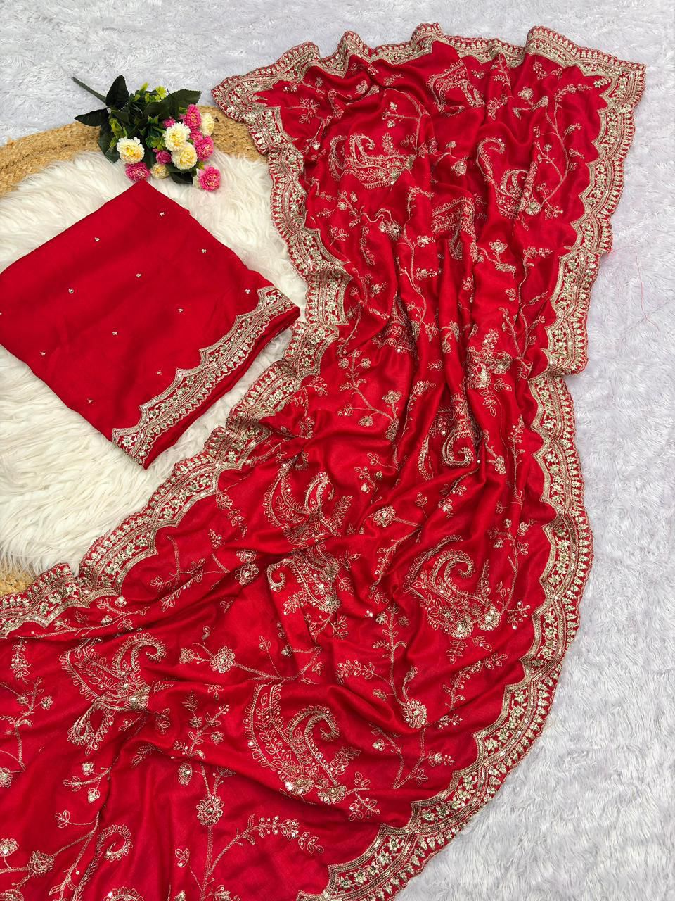 Designer Vichitra Silk Saree with Embroidered Blouse