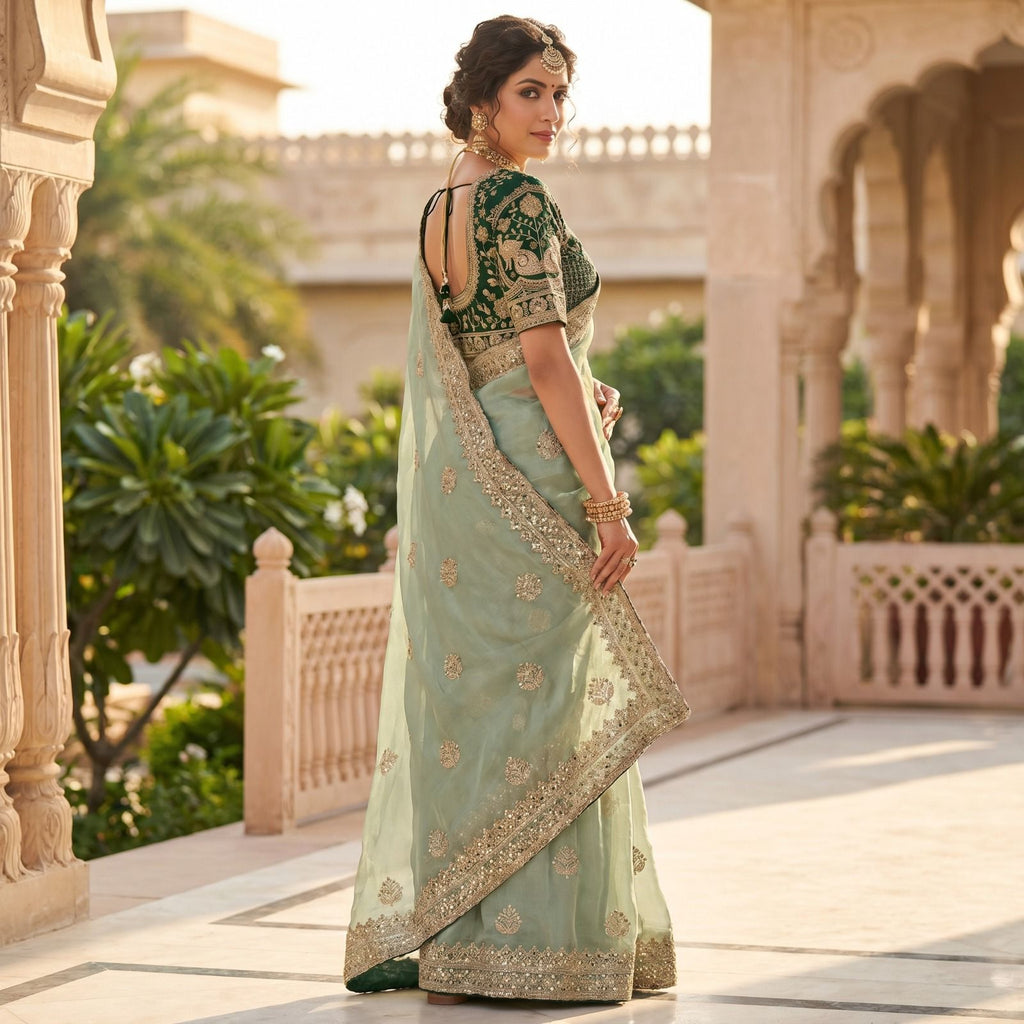 Premium Fandy Satin Silk Saree with Zari & Sequence Work