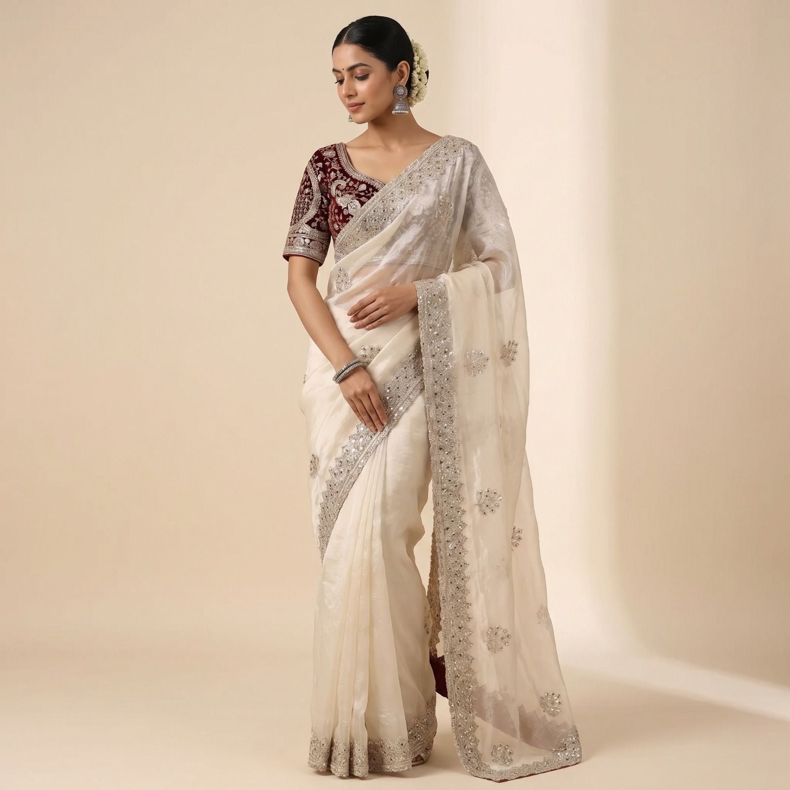 Premium Fandy Satin Silk Saree with Zari & Sequence Work